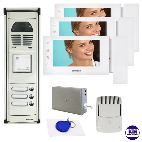 پکیج آیفون تصویری 3 واحد سیماران مدل 76TKM سفید و پنل فوژان کارتی