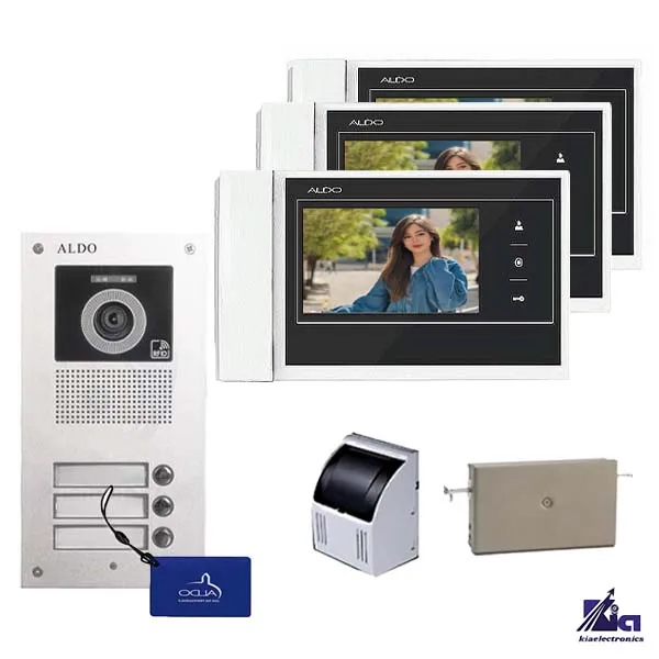 پکیج آیفون تصویری آلدو 727M سفید سه واحدی با پنل کارتی